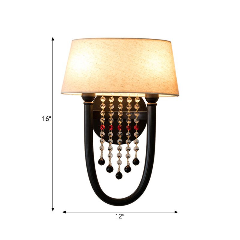 Fabric Drum Wall Lighting Lodge Style 2 Bulbs Corridor Sconce Lamp with Crystal Bead and U-Shaped Arm in Black