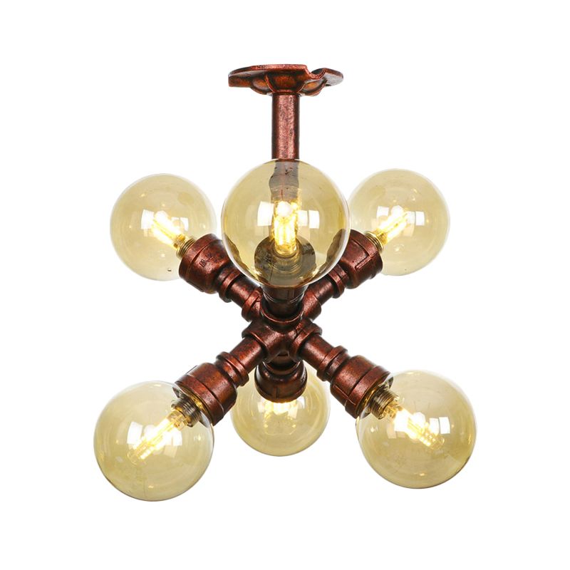 Farmhouse Global Semi Mount Lighting 4/5/6-Light Amber Glass LED Flush Lamp Fixture in Copper