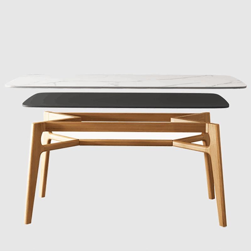 Modern White Stone Top Dinner Table Rectangle Natural Finish Legs Dinette Table