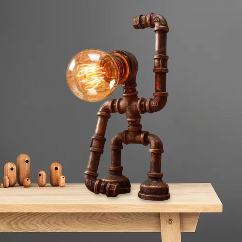 Standing/Sitting Robot Metallic Table Light with Pipe Industrial Stylish 1 Bulb Coffee Shop Table Lamp in Bronze