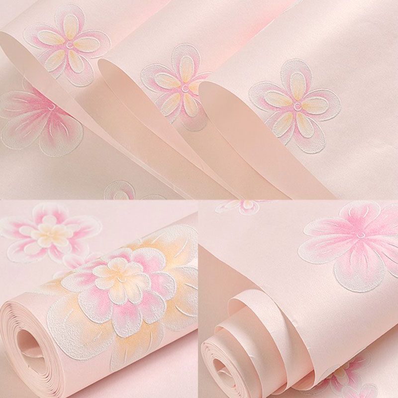 Floral Wallpaper Roll for Children Bedroom Non-Woven Fabric Wall Decor in Pastel Color, Water-Resistant