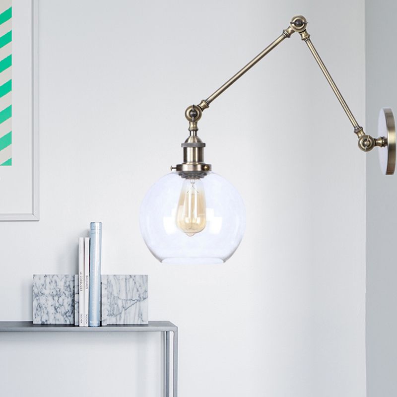 Rustic Globe Wall Lighting Fixture 1 Bulb Clear Glass Sconce Light in Antique Brass
