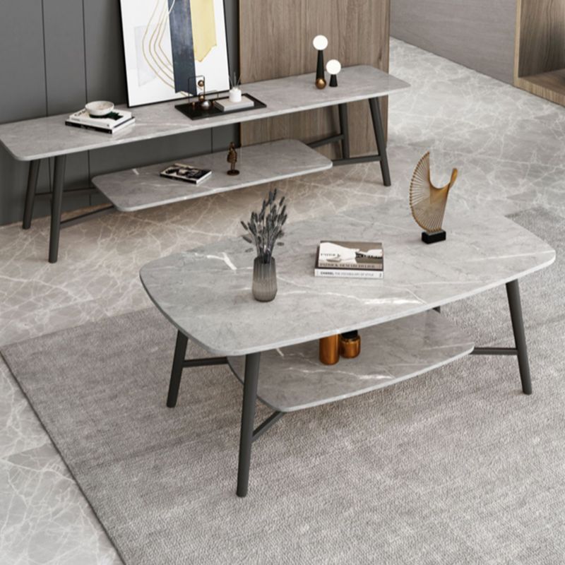 Rectangular Slate Top Coffee Table 4 Legs 1 Single Cocktail Table with Storage Shelf