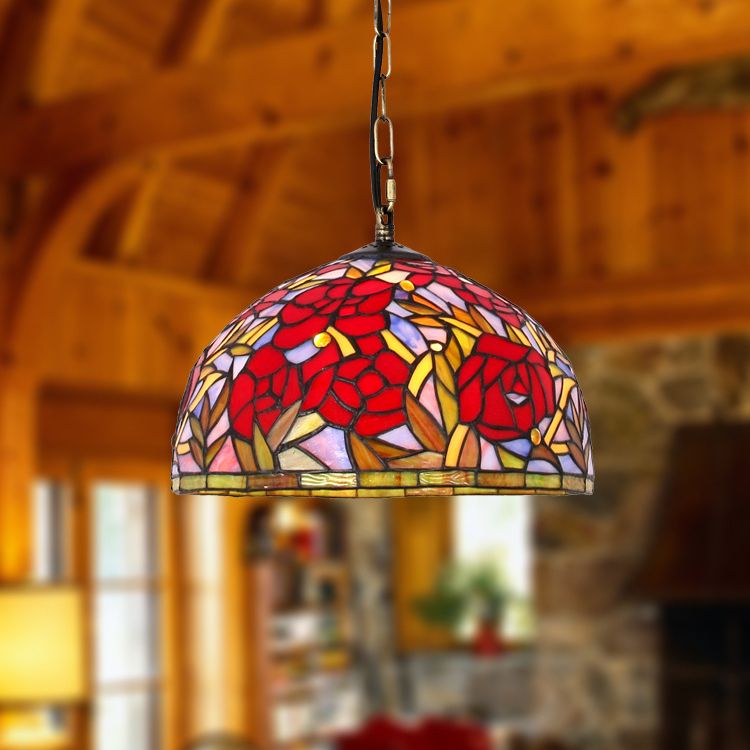 Accesorios de iluminación de colgante de vidrio manchado de cúpula de color rojo Tiffany Costil de techo con 1 luz