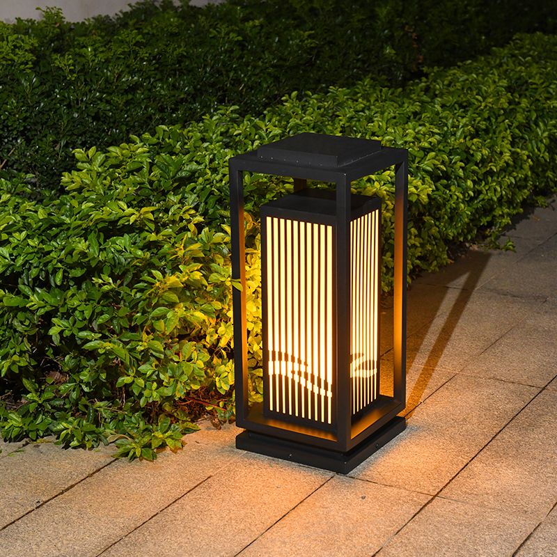 Rectangular Solar Pillar Lamp Modern Black Waterproof Light for Courtyard