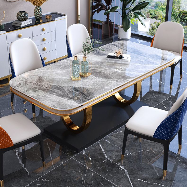 Traditional Luxury Sintered Stone Top Dining Table Rectangle Table with Metal Pedestal