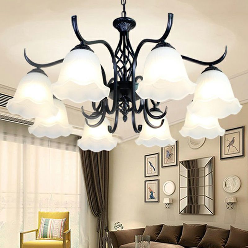 Rustic Bell Shade Ceiling Lighting Cream Glass Chandelier Light Fixture in Black for Bedroom