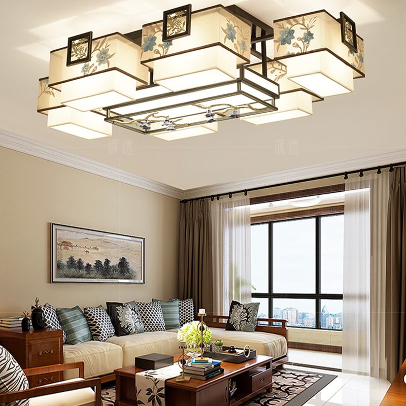 5/7/11 Heads Flush Mount Chinese Style Fabric Flush Ceiling Light for Dining Room