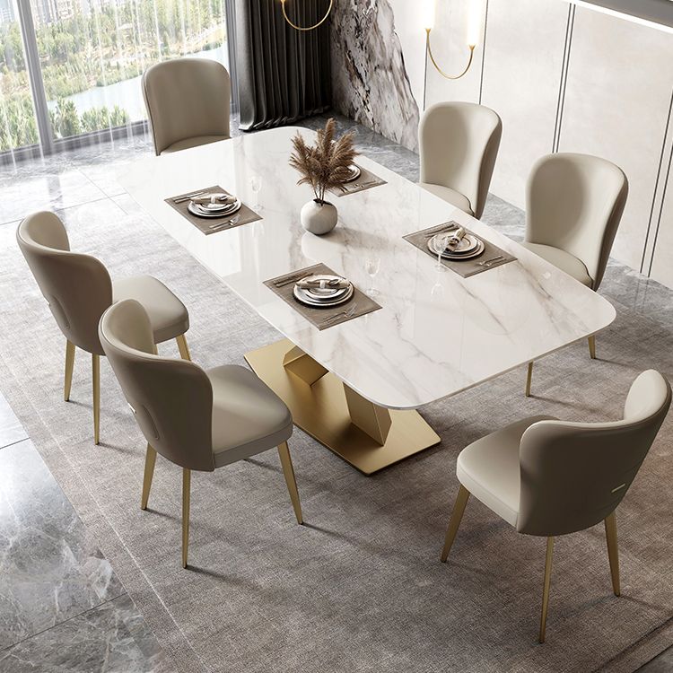 Metal Traditional Luxury Rectangle Table White Sintered Stone Table with Pedestal