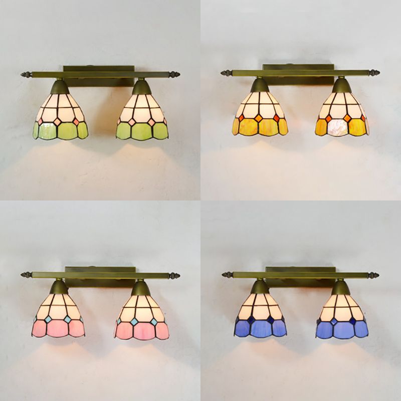 Stained Glass Domed Wall Lighting Tiffany Style 2 Heads Wall Sconce Light in Yellow/Pink/Green/Blue for Bedroom