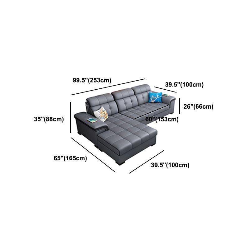 Sewn Pillow Back Sectional Convertible Grey Sofa Bed with Adjustable Headrest