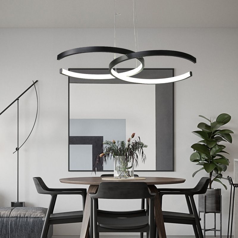 Double C-Shape Metal Ceiling Pendant Light Minimalist Black/White LED Chandelier Light, Warm/White Light
