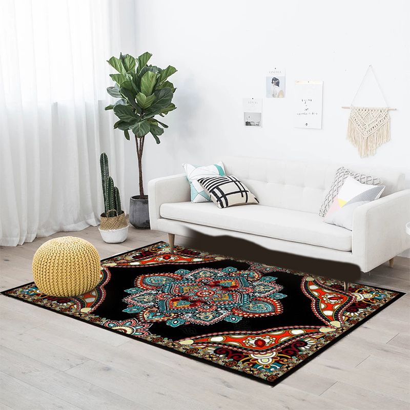 Mediterranean Moroccan Rug in Red and Black Medallion Floral Pattern Rug Polyester Anti-Slip Carpet for Home Decoration