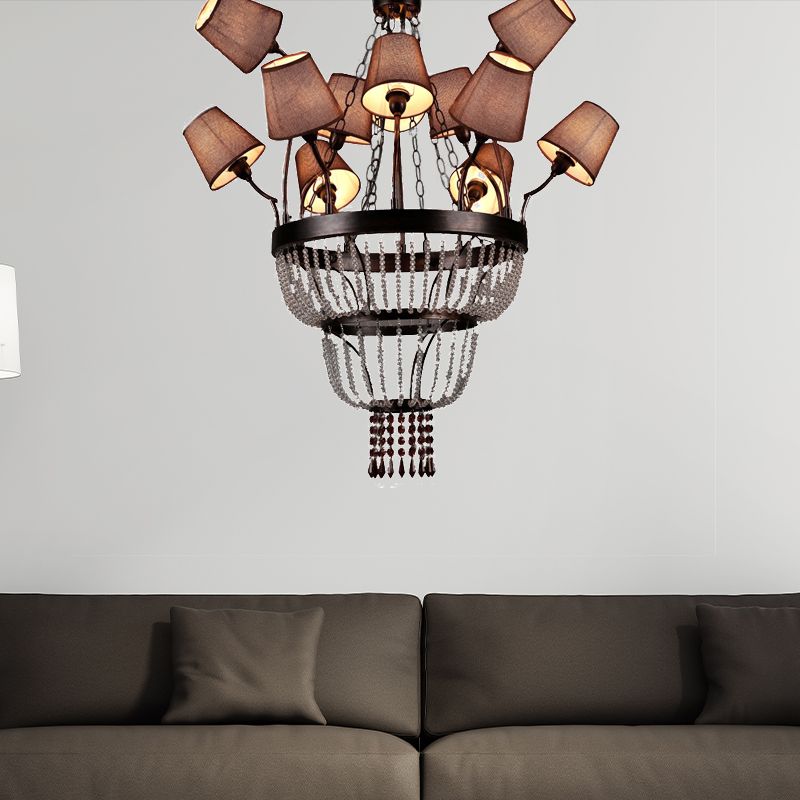 Brown 12 Lights Chandelier Lamp Country Crystal Circular Pendant Lighting for Dining Room with Fabric Shade
