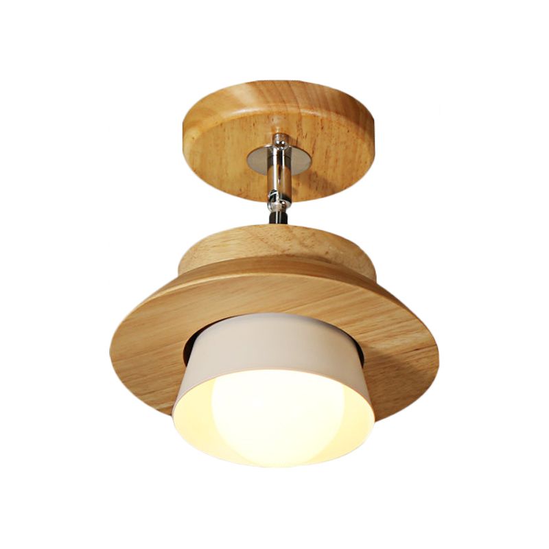 Small Wood Cap Rotatable Ceiling Lamp Minimalist 1 Head Semi Flush Mount Fixture with Inserted White Lampshade