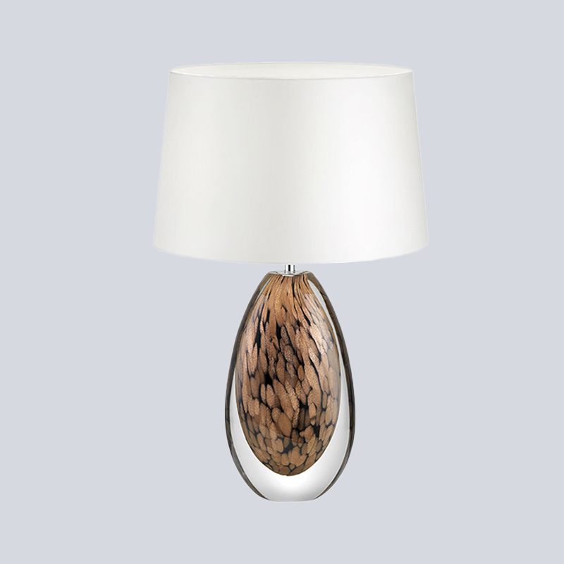 1 Head Tapered Table Lamp Modernist Fabric Desk Light in White with Teardrop Brown Glazed Crystal Base