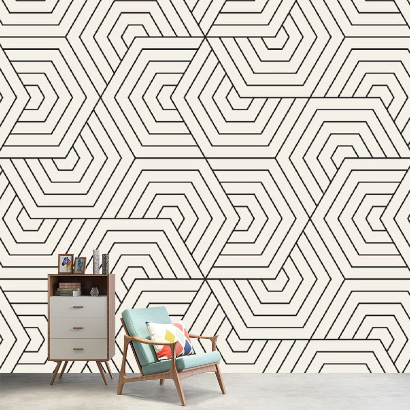 Non-Woven Waterproof Mural Modern Seamless Hexagonal Pattern Wall Art in Black-White