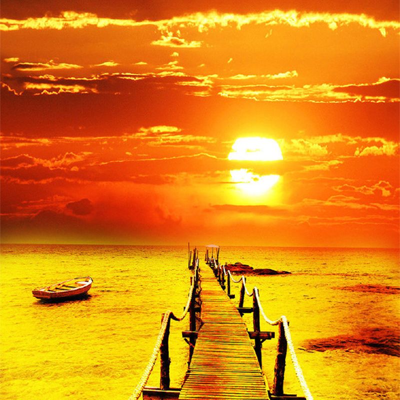 Sunset Bridge to Sea Murals Orange Contemporary Wall Decor for Living Room, Moisture Resistant
