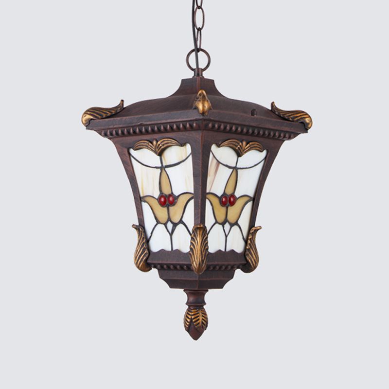 Metal Rust/Bronze Pendant Lamp Lantern 1-Head Traditional Ceiling Hang Fixture with Flower Pattern for Balcony