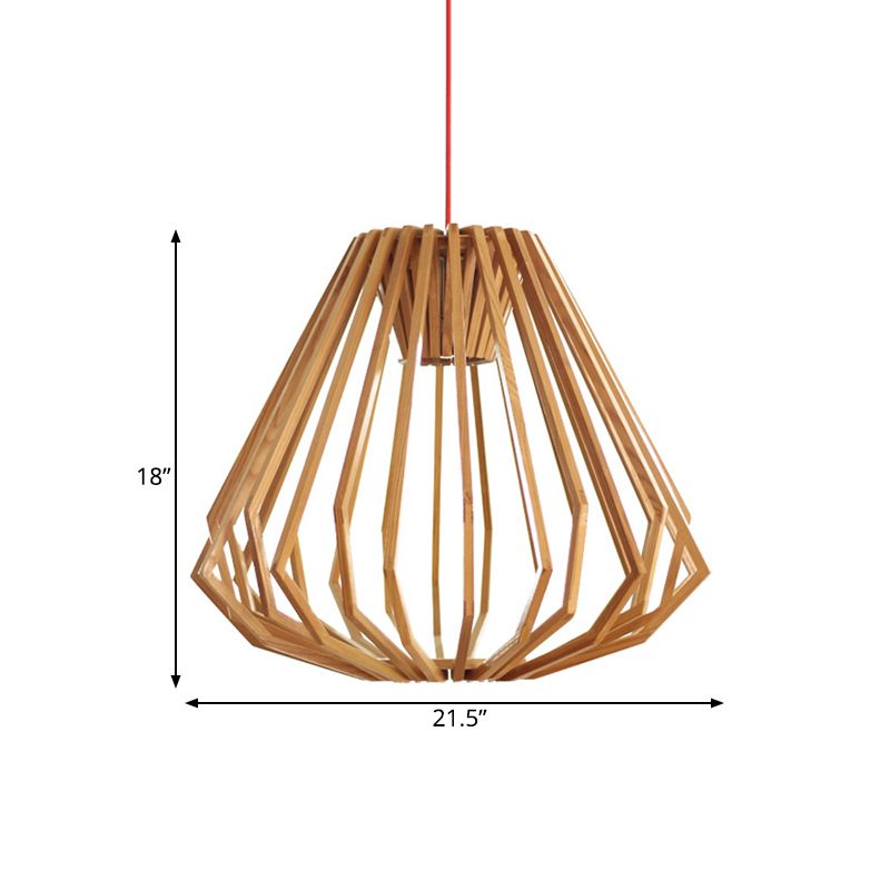 Natural Wood Diamond Cage Pendant Asia Single Head Hanging Light Fixture in Beige