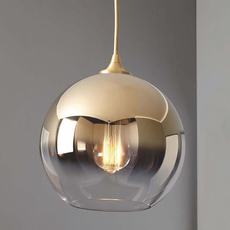 Gold 1 Light Pendant Light Mid-Century Modern Spherical Smoke Glass Living Room Hanging Lamp