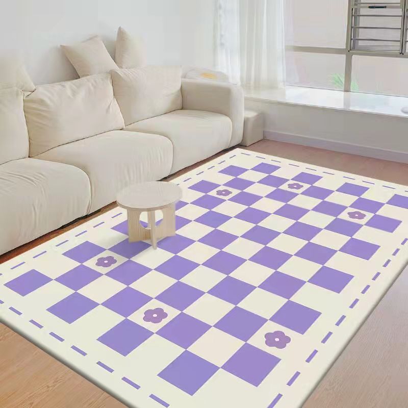 Black Modern Rug Polyester Check Pattern Rug Washable Rug for Living Room