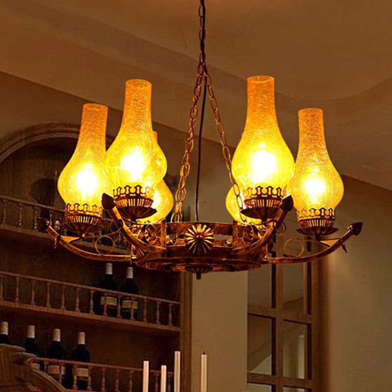 6-Light Crackle Glass Hanging Chandelier Traditional Beige Vase Living Room Pendant Light Fixture