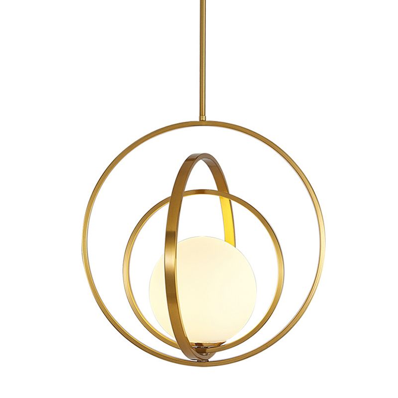 Spherical White Glass Pendant Lamp Postmodern 1 Head Gold Pendulum Light with Metal Rings
