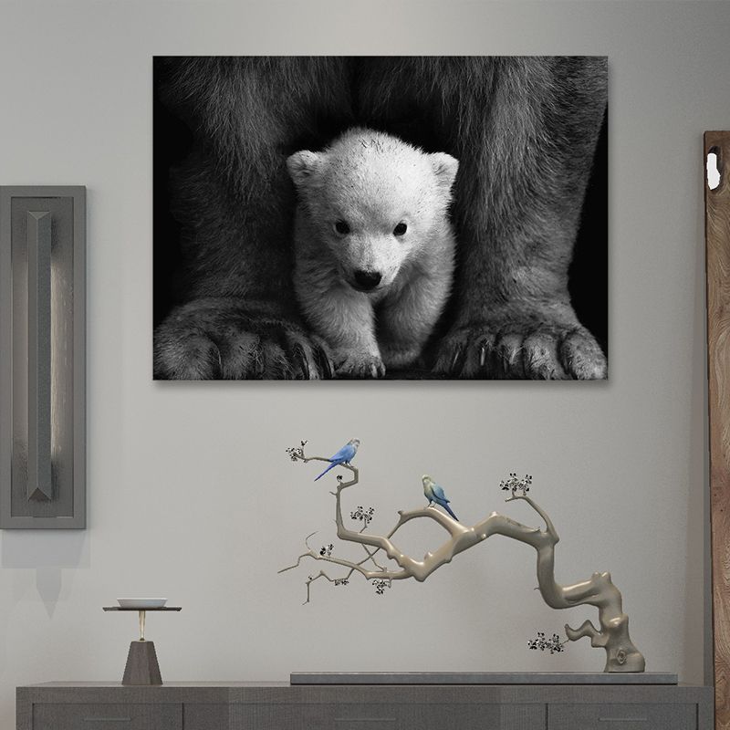 Polar Bear Baby Wall Art Contemporary Textured Canvas Print in Black-Grey for Nursery