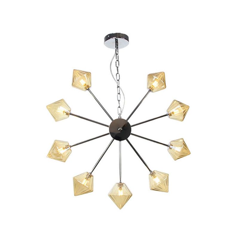 Diamond Shade Hanging Lighting Industrial Amber/Clear Glass 6/9/12 Heads Living Room Chandelier Lamp in Black/Brass/Copper