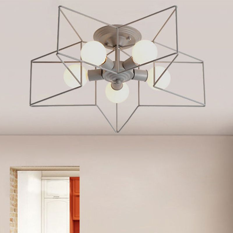 5 Bulbs Semi-Flush Ceiling Fixture with Star Cage Shade Metallic Loft Stylish Indoor Semi Flush Light in Grey/Pink