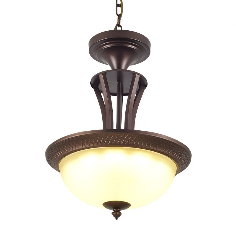 3 Light Chandelier Light with Bowl White Glass Shade Traditional Living Room Ceiling Lamp in Bronze