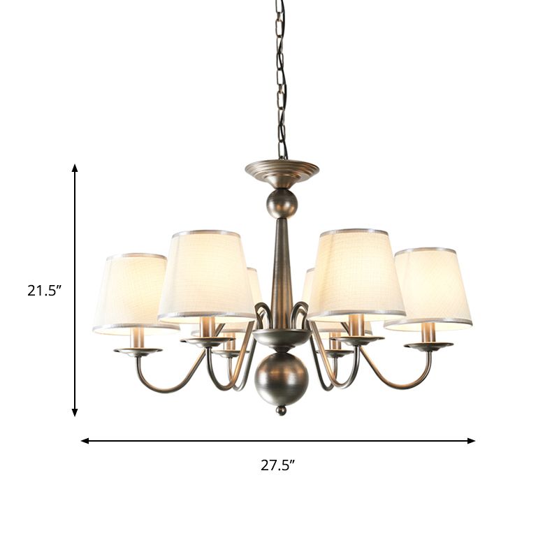 Metal Silver/Blue/White and Silver Hanging Light Curving Arm 6 Lights Rustic Pendant Chandelier with Cone Fabric Shade