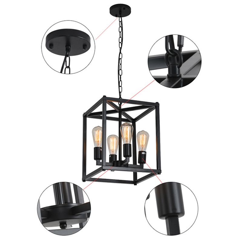 Black Cage Hanging Lamp Industrial Retro Metal Diner Pendant Chandelier in Square Shape