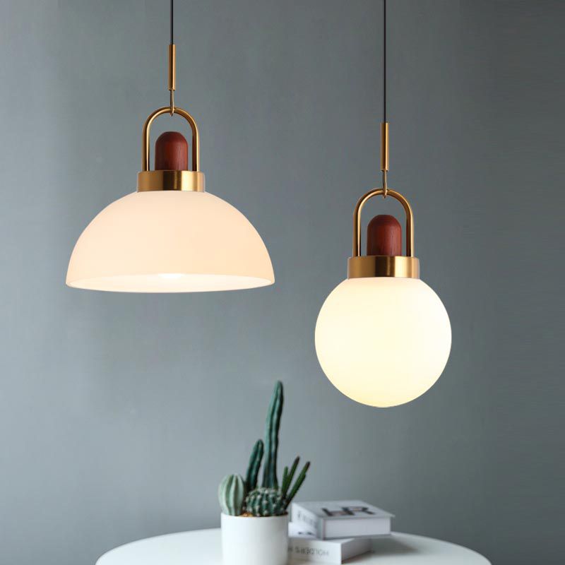 1 Light Industrial Style Pendant Lighting with White Glass Shade for Living Room