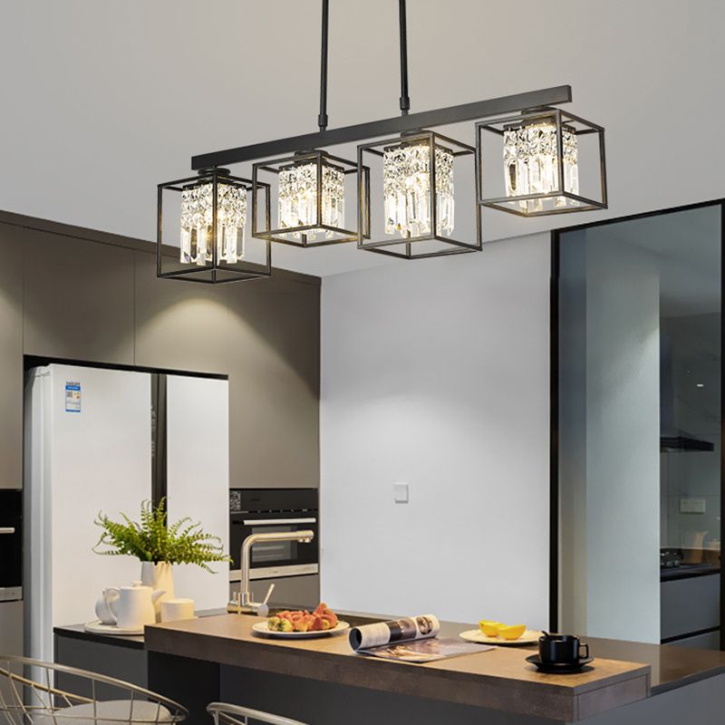 Tri-Sided Crystal Rod Black Hanging Ceiling Light Square 3/4 Heads Contemporary Island Lamp
