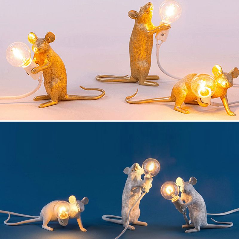 Lampe de table en forme de rat en résine Éclairage nocturne à 1 lumière avec conception de bulbe nu