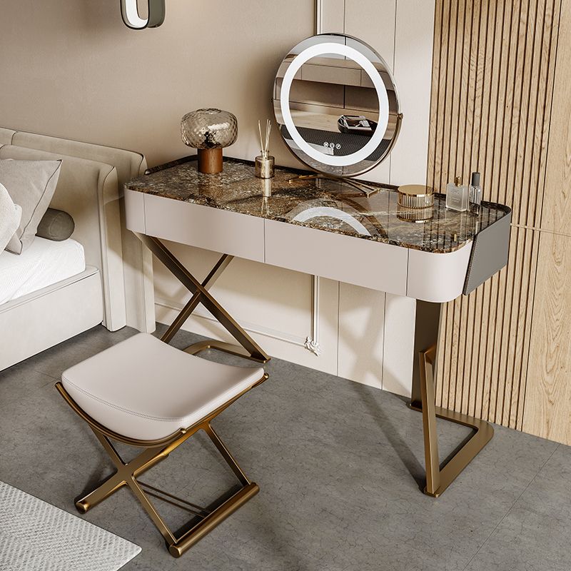 Slate Vanity Table 2-Drawer Stool Vanity Set with Lights Mirror