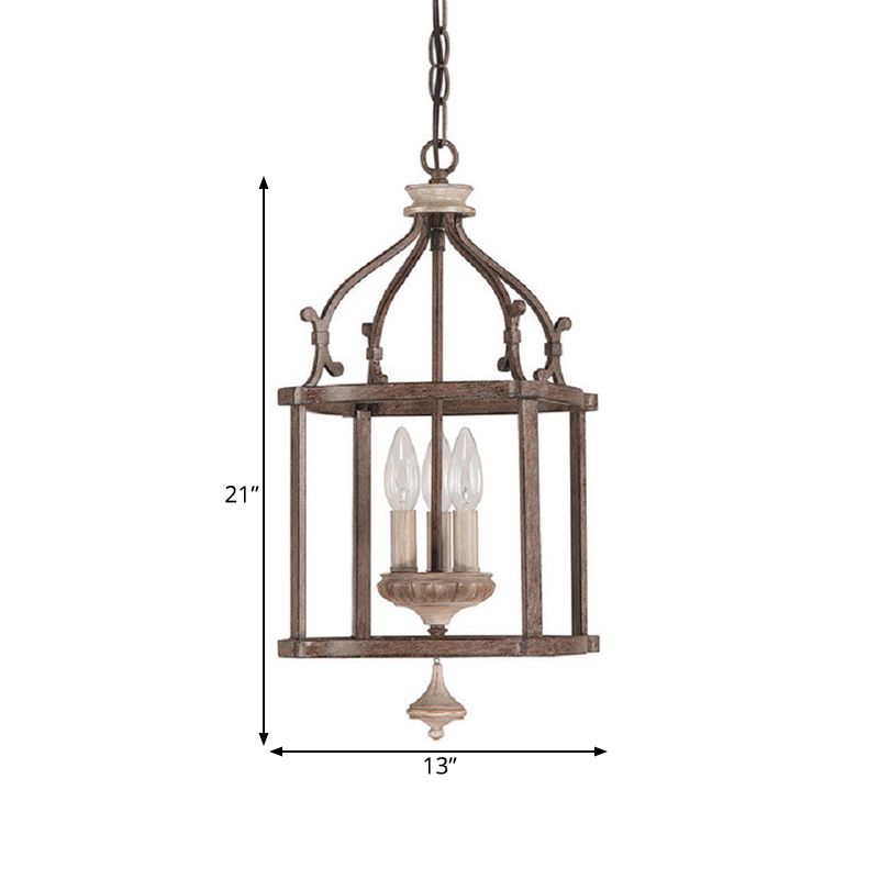 Cage d'oiseau en bois traditionnel lampe suspendue 3 ampoules en métal lustre luminaire à la rouille pour le salon