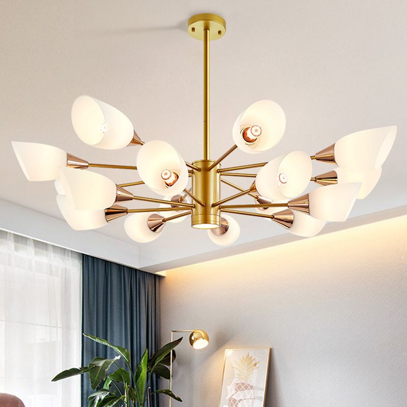 Post Modern 16-Bulb Chandelier with White Frosted Glass Shade Gold Floral Hanging Ceiling Lamp