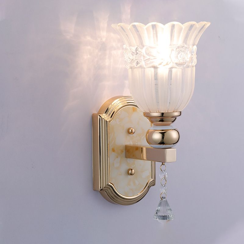 Frosted Glass Floral Wall Sconce Lamp Country Style 1 Bulb Gold Finish Wall Lighting Fixture for Corridor