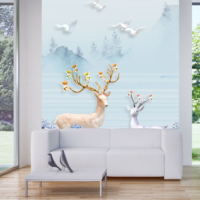 Whole Scenery Wall Paper Murals Nordic Gulls and Deers by the Riverside Wall Art in Blue