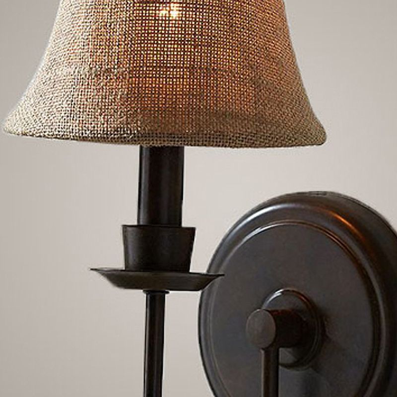 Flaxen 1 Bulb Wall Sconce Light Traditional Fabric Bell Wall Lamp with Arched Arm and Round Backplate
