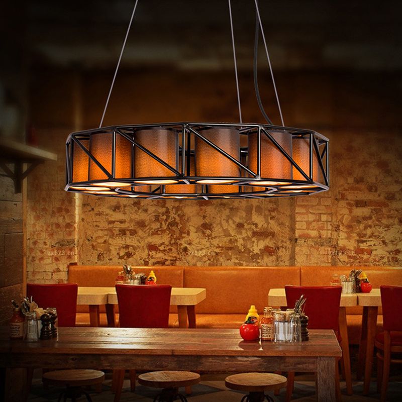 Zwarte cilinder kroonluchter lamp vintage stof 12 lampen restaurant plafondlicht met ronde kooi