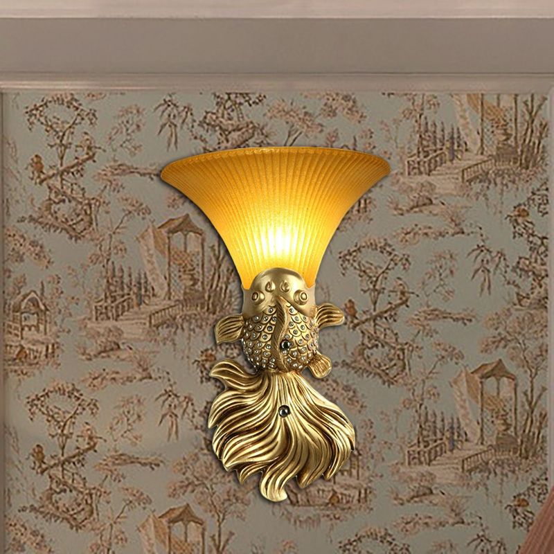 Red/Gold 1 Light Wall Sconce Fixture Lodge Stylish Resin Fish Shape Wall Mount Light with Amber Glass Bell Shade