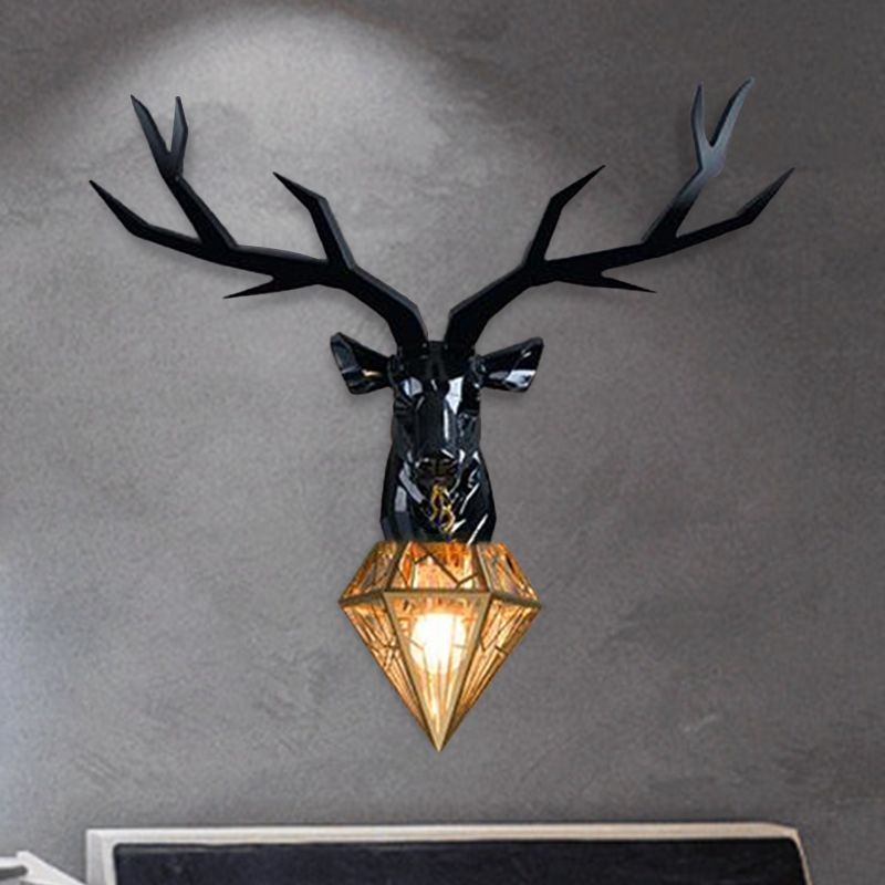 Resin Deer Wall Light Traditional 14.5"/19.5" Wide 1 Light White/Black Sconce Light with Diamond Metal Shade