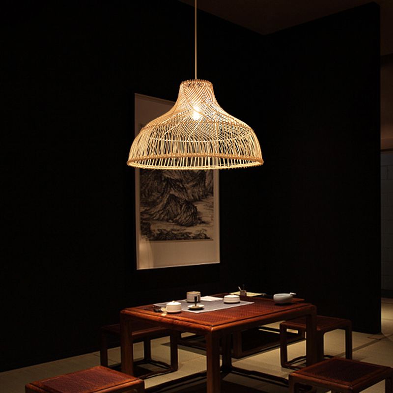 Hat Shape Pendant Light Contemporary Rattan Single-Bulb Tea Room Suspension Light in Wood