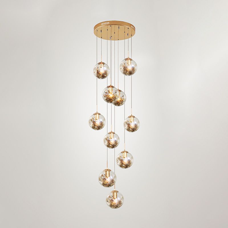 10 bollen Amber Dimpled Glass Pendant Contemporary Gold Ball Woonkamer Multi Light kroonluchter