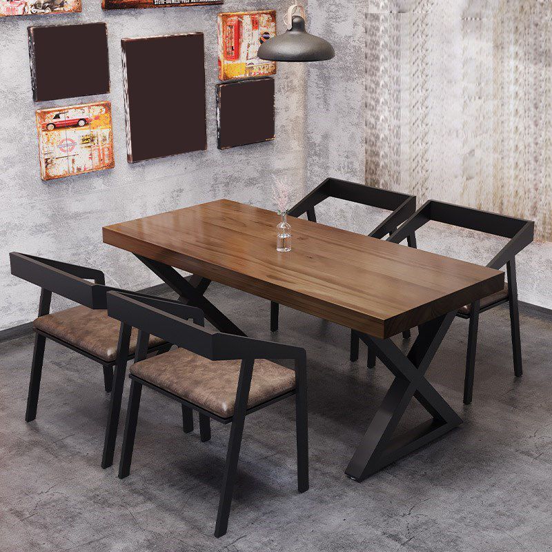 Industrial Style Dining Table Solid Wood Rectangle Table with Metal Base