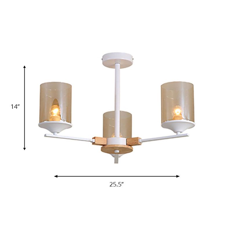 Cognac Cylinder Shade Chandelier Lighting 3/6 Heads Contemporary Wood Hanging Light for Living Room